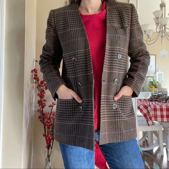 Vintage 70s Sassco Grandpa Style Brown Blazer Women Size Small Med Plaid Preppy - Picture 1 of 9